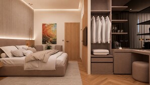 Ein modernes Schlafzimmer mit einem großen Bett, Nachttischen, einem Kleiderschrank und einem Schreibtisch.