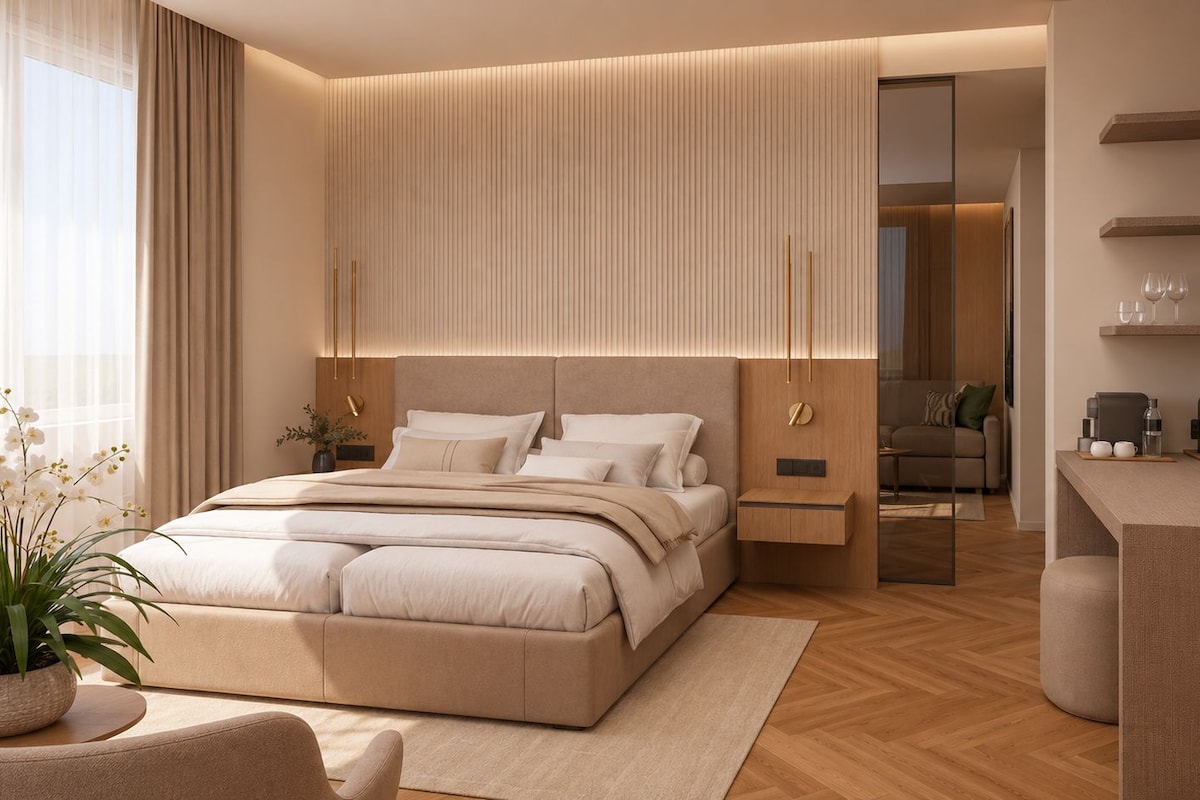 A modern bedroom with a large bed, bedside tables, a desk, and a television.