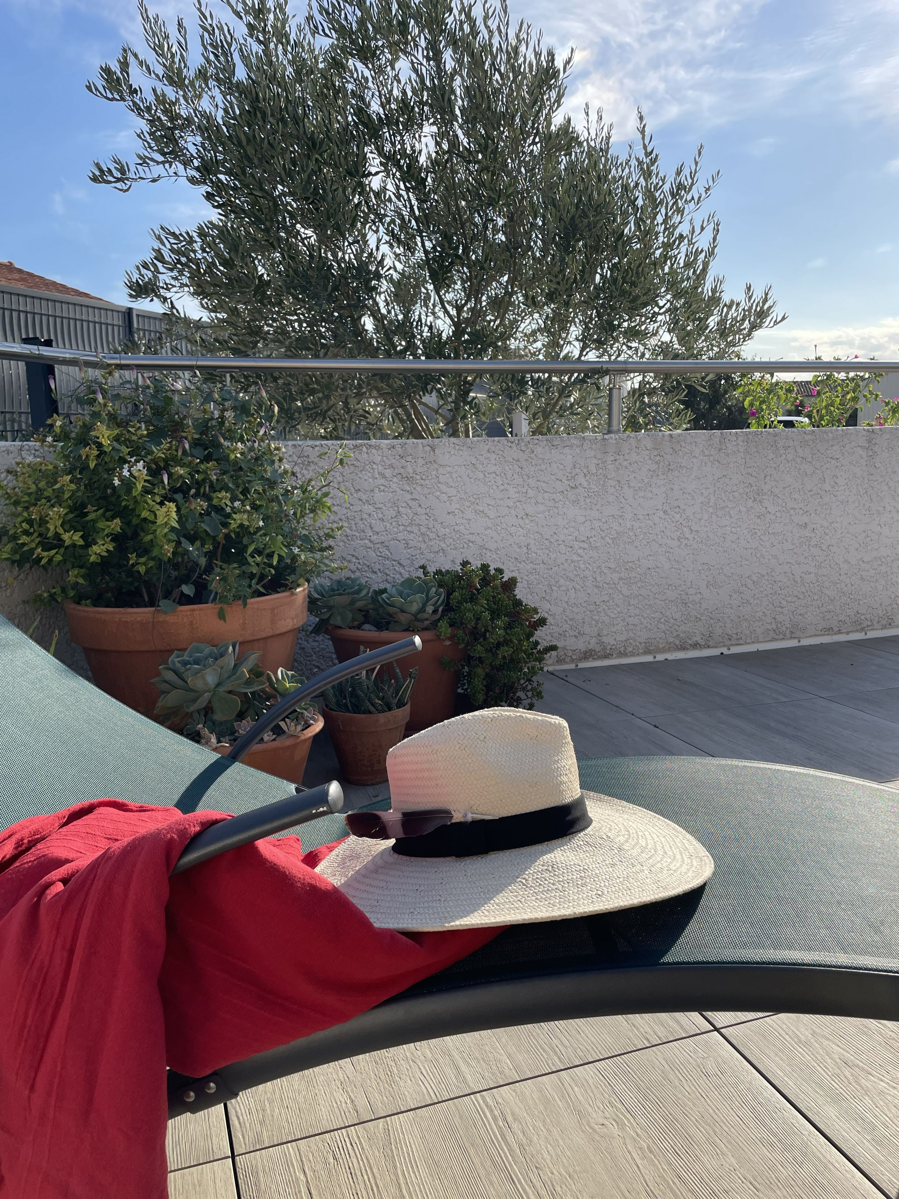 A rooftop terrace with a lounge chair, a hat, and potted plants.