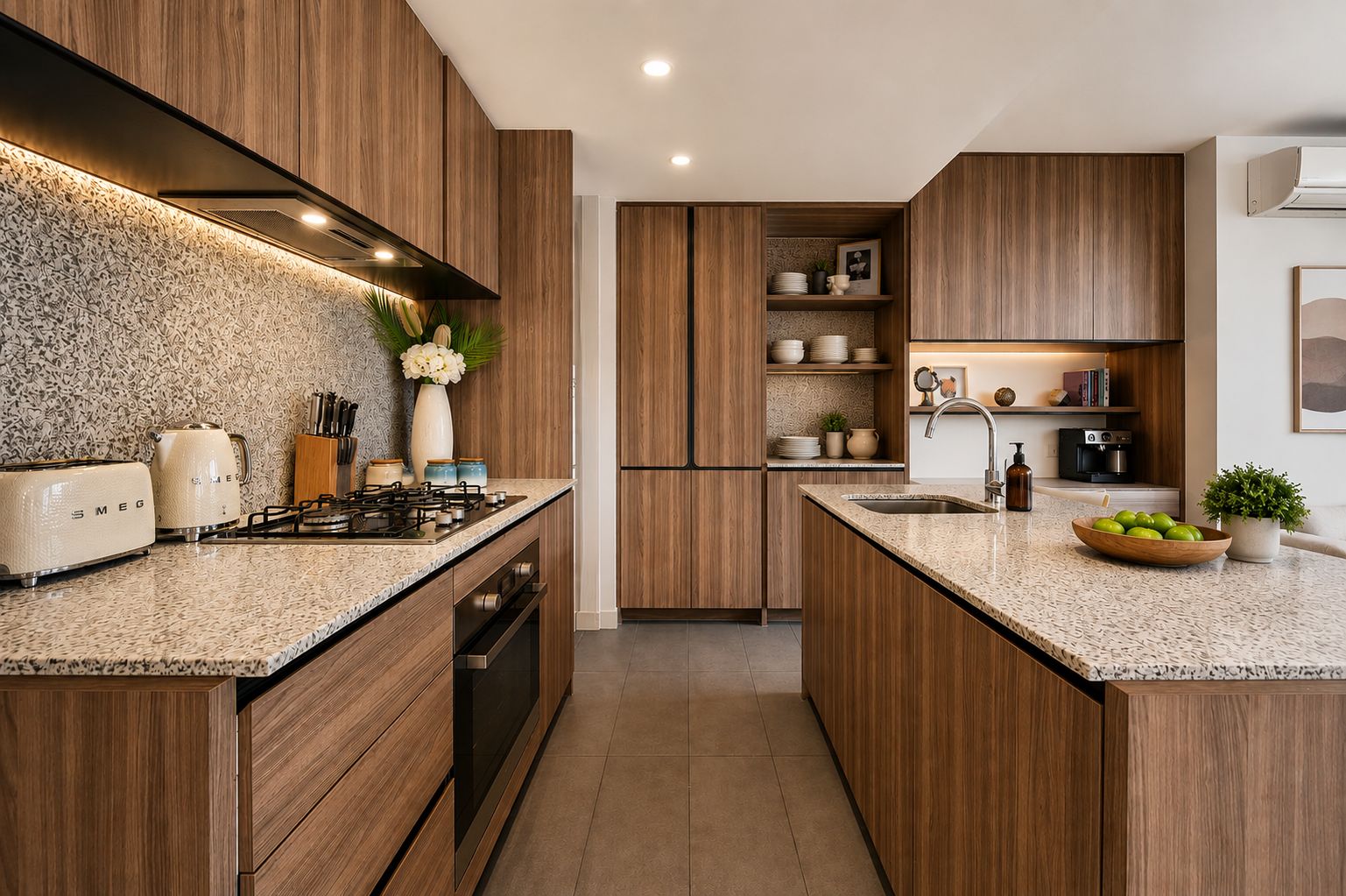 Een moderne keuken met houten kastjes, een gasfornuis en een inbouwoven.