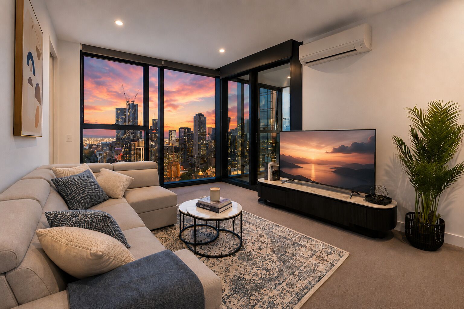 A modern living room with a large TV, comfortable seating, a coffee table, and a view of a city skyline at sunset.