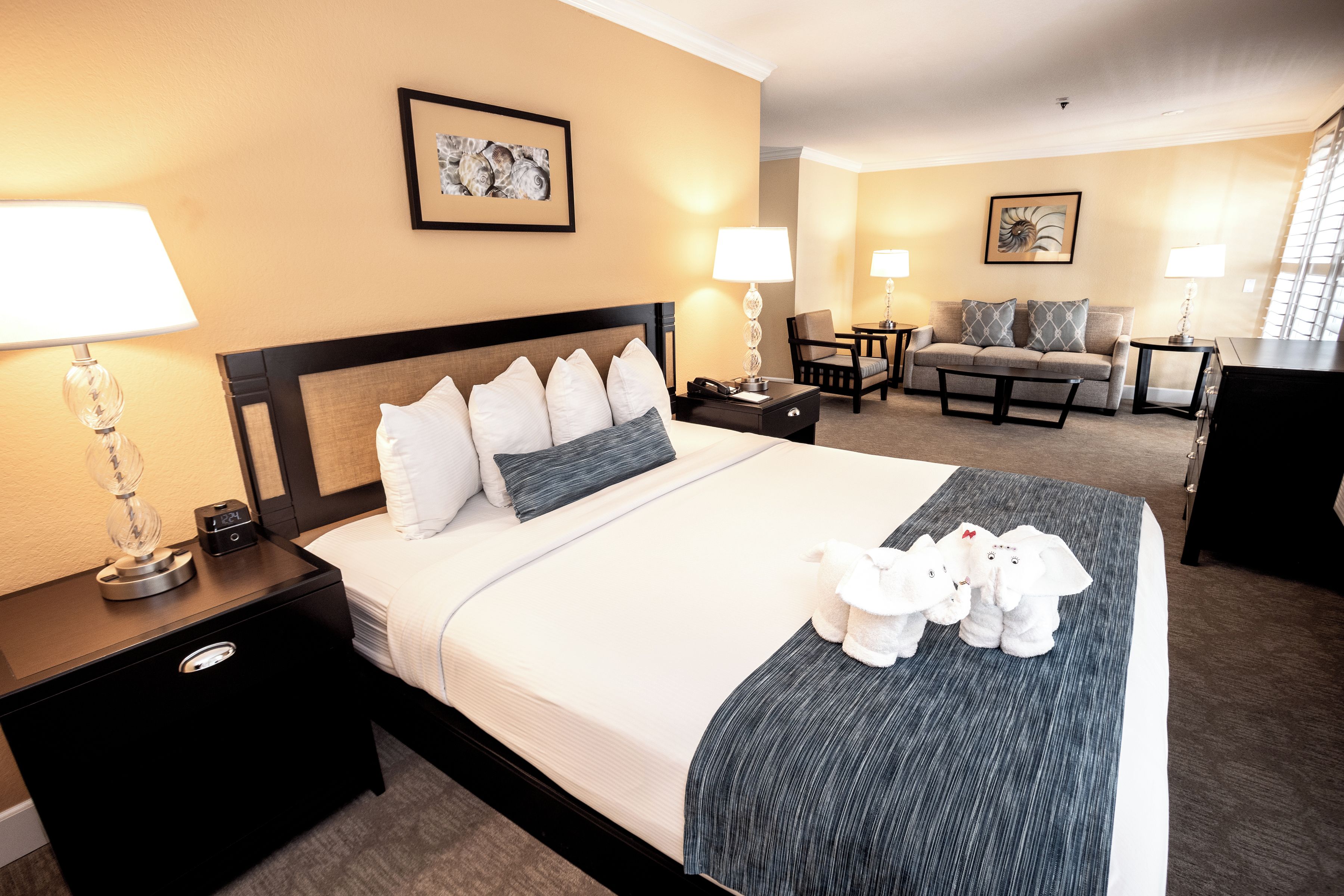 A hotel room with a large bed, two bedside tables, a nightstand, a sofa, a chair, and a desk.