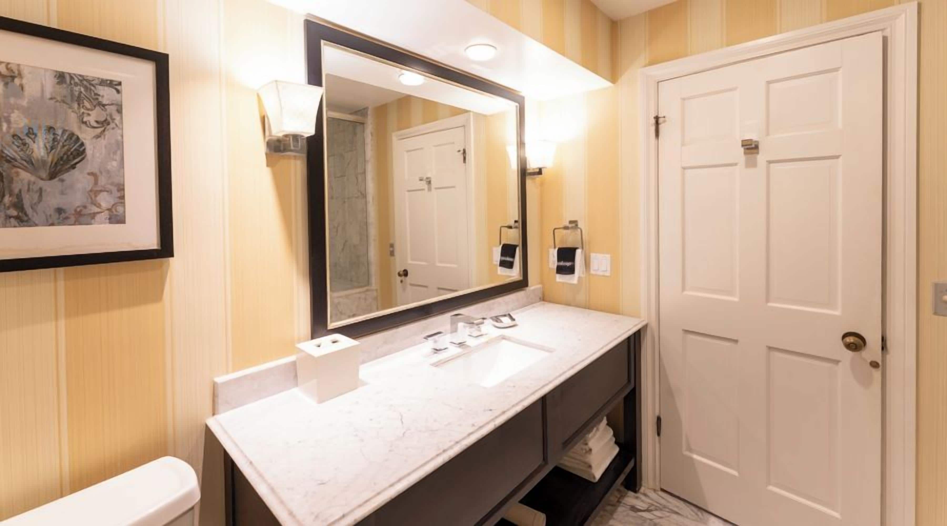 A bathroom with a white sink, a large mirror, and a framed artwork on the wall.