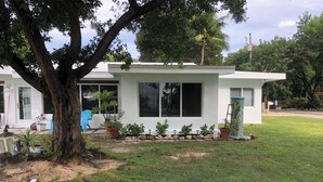 Una casa moderna con un gran árbol en el frente, una silla azul y una planta en maceta.
