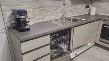 A modern kitchen with a built-in dishwasher, a coffee maker, and a stainless steel sink.