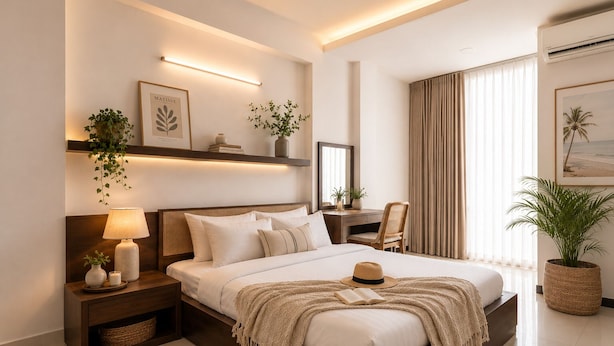 A modern hotel room with a large bed, bedside tables, a desk, and a chair. - NIDOVA SAIGON - D1 Townhouse Residence (Ho Chi Minh City)