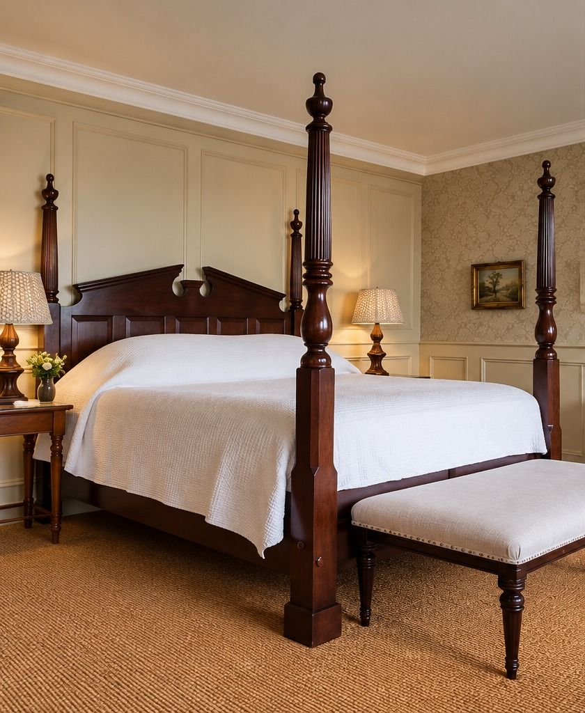 A four-poster bed with a wooden frame and white bedding, a bedside table with a lamp, and a small bench at the foot of the bed.