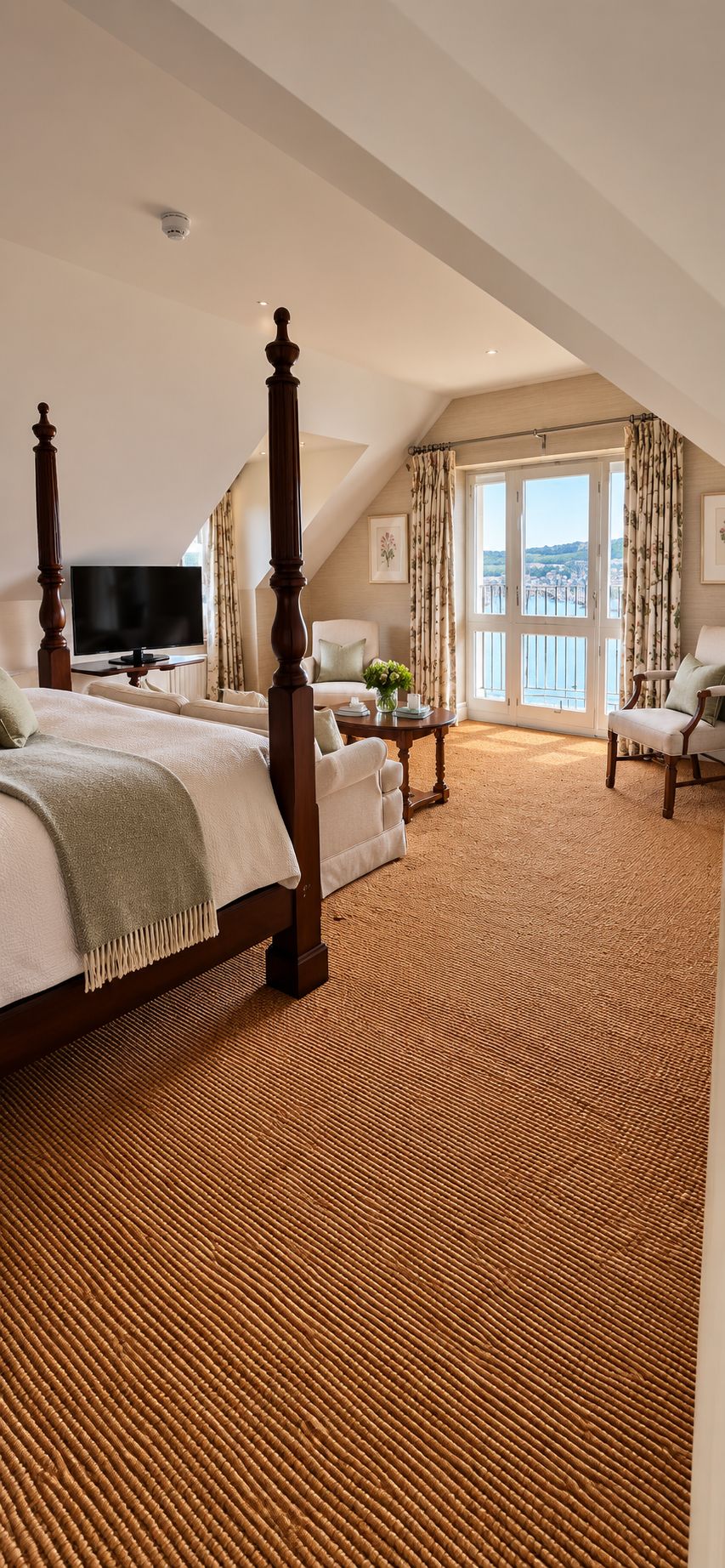 A bedroom with a large bed, a television, and a view of the outdoors through a window.