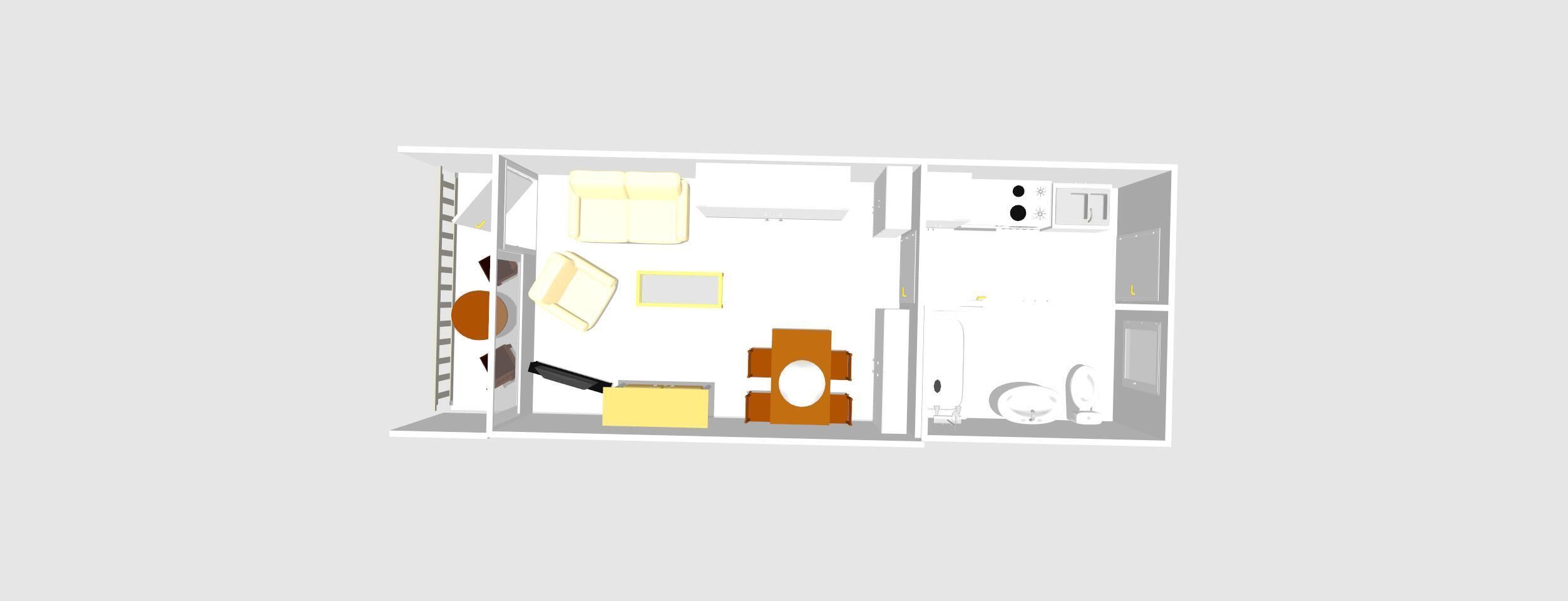 Ein Zimmer mit einem Bett, einem Nachttisch, einem Kleiderschrank und einer kleinen Sitzecke mit Stuhl und Tisch.