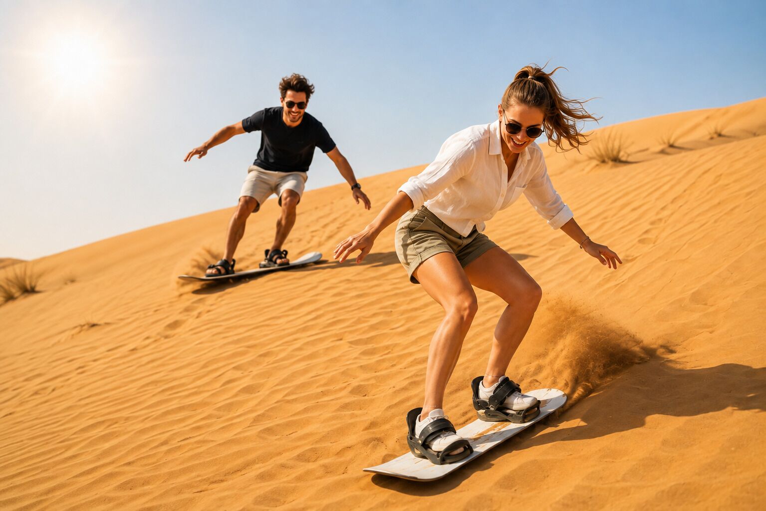 Two individuals snowboarding on a sandy dune.