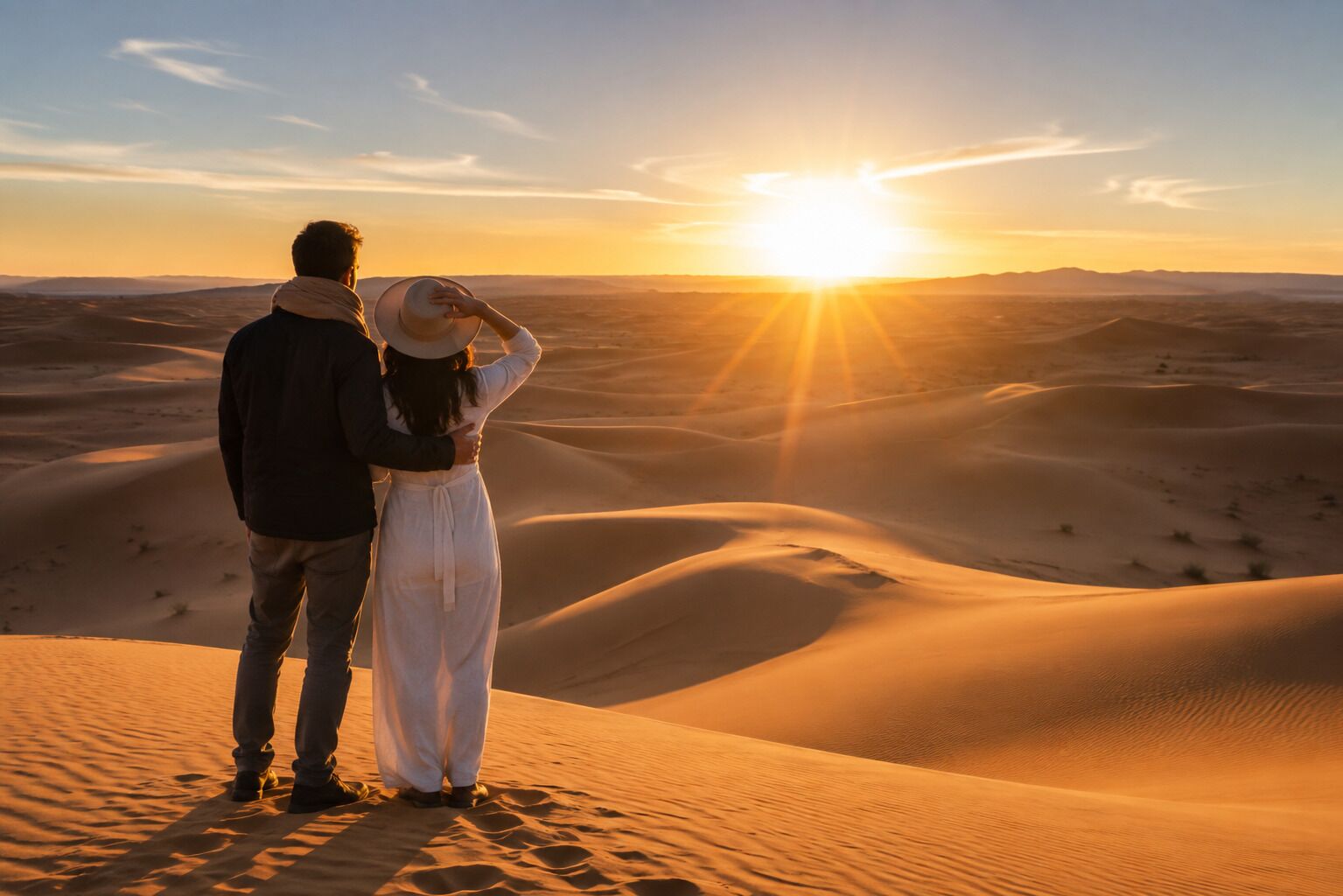 Una pareja parada sobre una duna de arena con un atardecer al fondo.