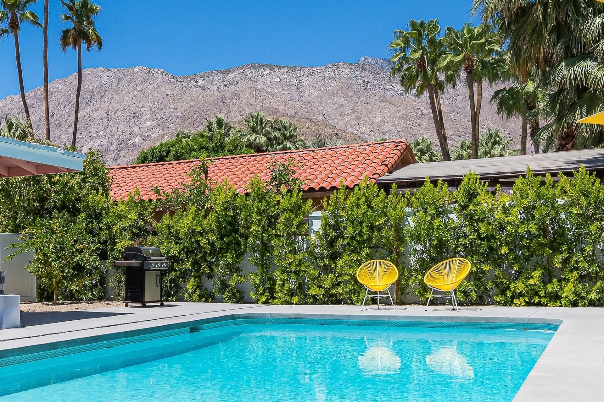 A swimming pool with a clear blue water, surrounded by greenery and palm trees, with a mountain in the background.