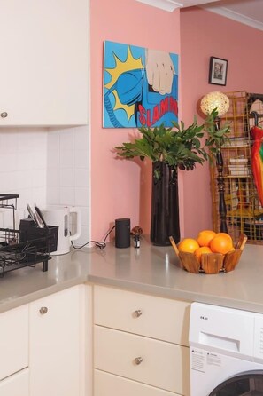 Eine Küche mit Waschmaschine, einer Pflanzvase, Obstschale und einem farbenfrohen Bild an der Wand.