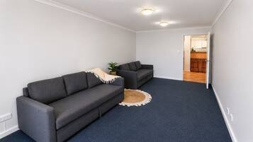 A modern living room with a dark grey sofa, a smaller grey sofa, a round woven rug, and a potted plant.