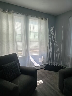 A living room with a sofa, a decorative plant, and a view through sheer curtains.