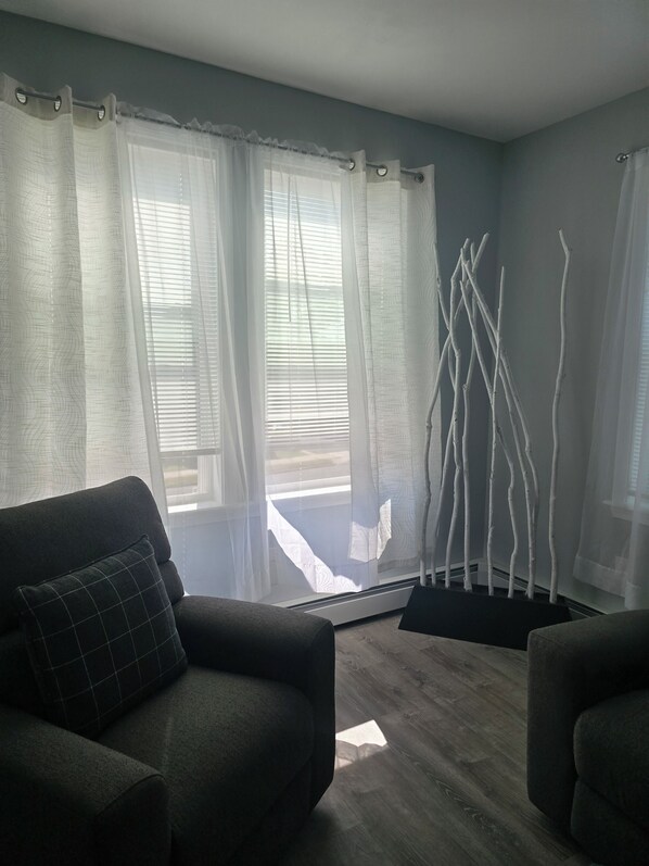 A living room with a sofa, a decorative plant, and a view through sheer curtains.