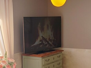 A television on a wooden stand with a fireplace in the background. - BNBs-Chic-Colmar-Ribeauvillé (Ribeauvillé)