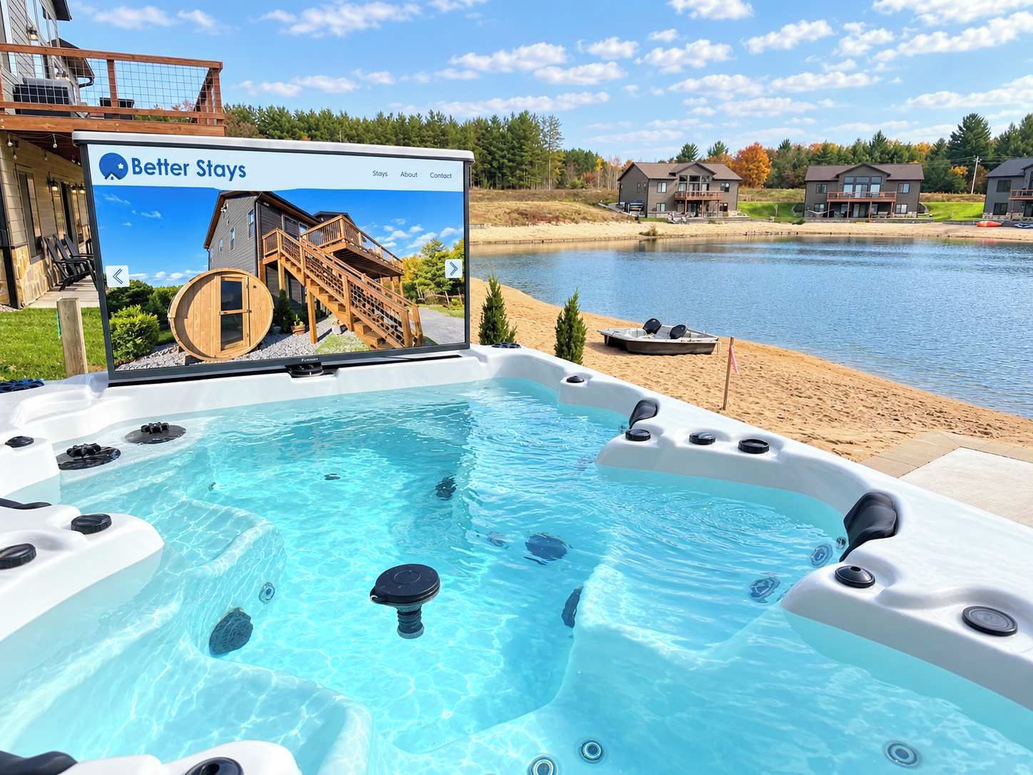 A hot tub with a wooden deck and a view of a lake and houses in the background.