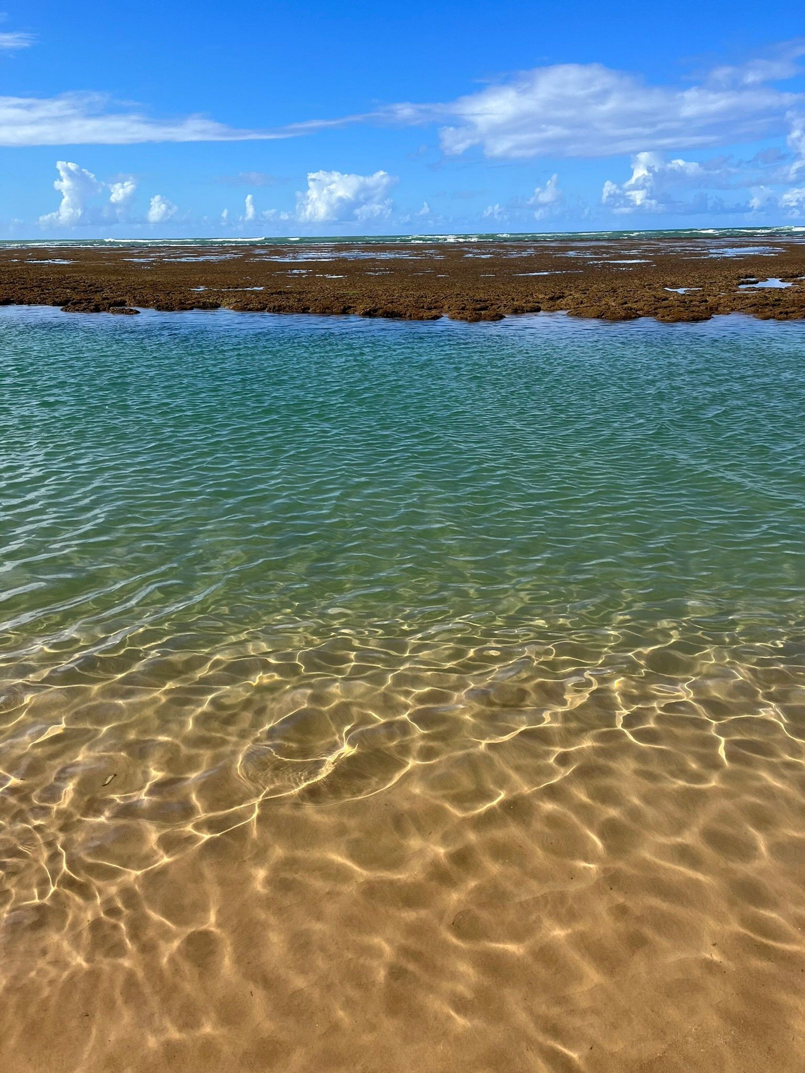Una playa con aguas claras y poco profundas, y un litoral rocoso.