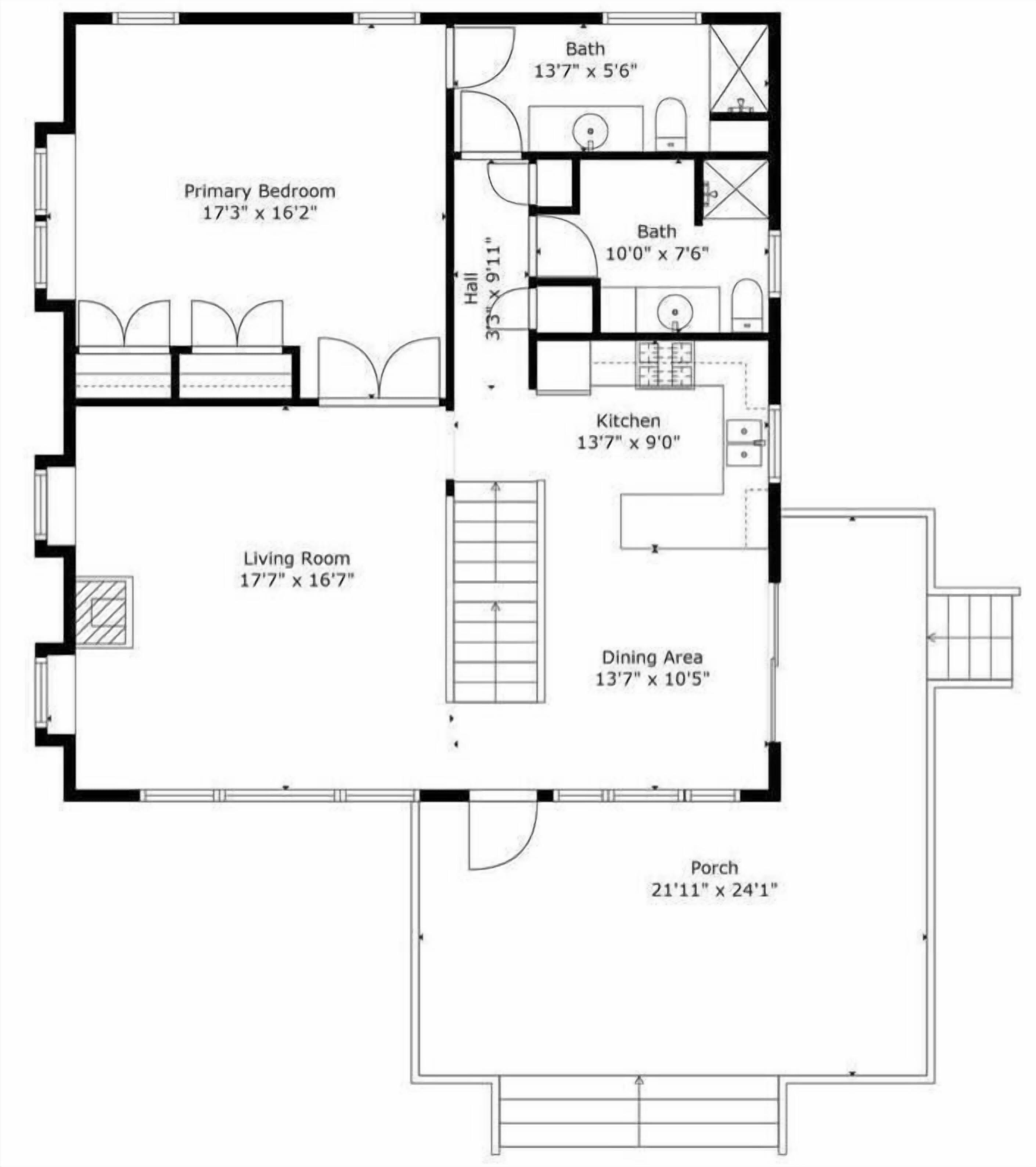 Ein Grundriss mit Schlafzimmer, Wohnzimmer, Küche, Essbereich, zwei Bädern und einer Veranda.