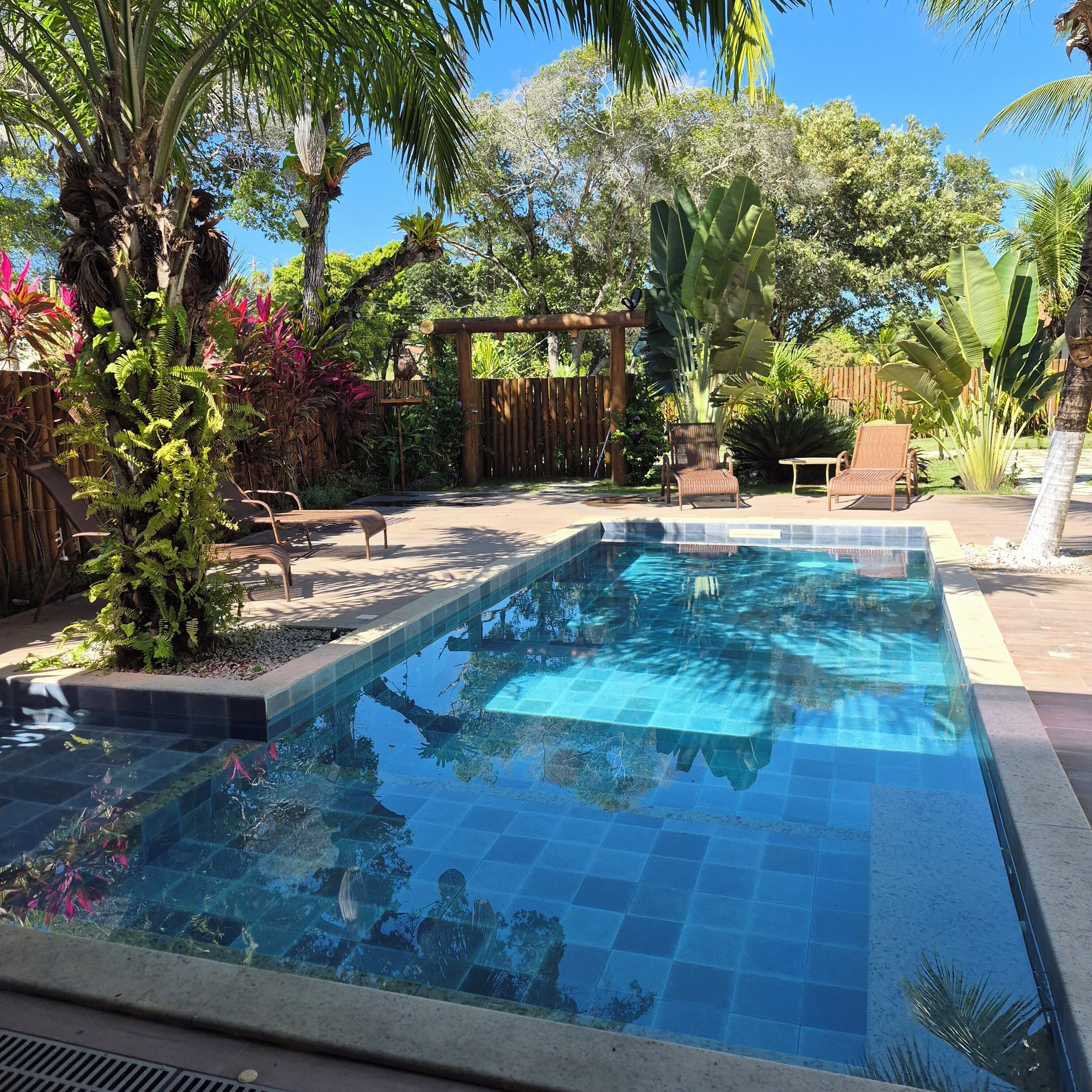 Une piscine rectangulaire à l’eau d’un bleu limpide, entourée d’une terrasse en bois et agrémentée de diverses plantes tropicales.