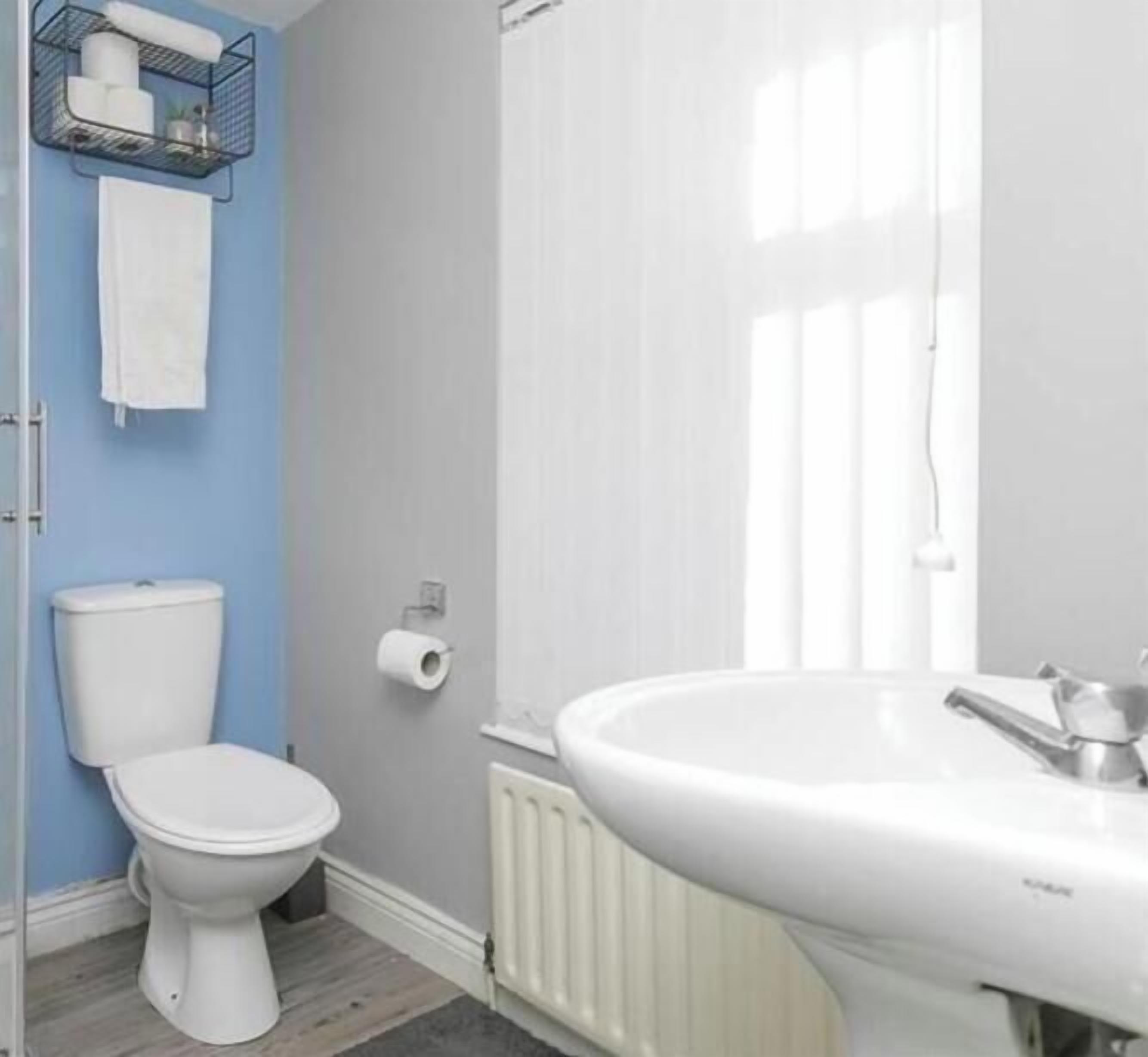 A bathroom with a toilet, a sink, and a shower area.