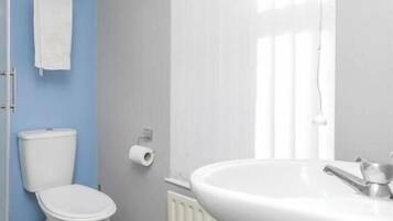 A bathroom with a toilet, a sink, and a shower area.