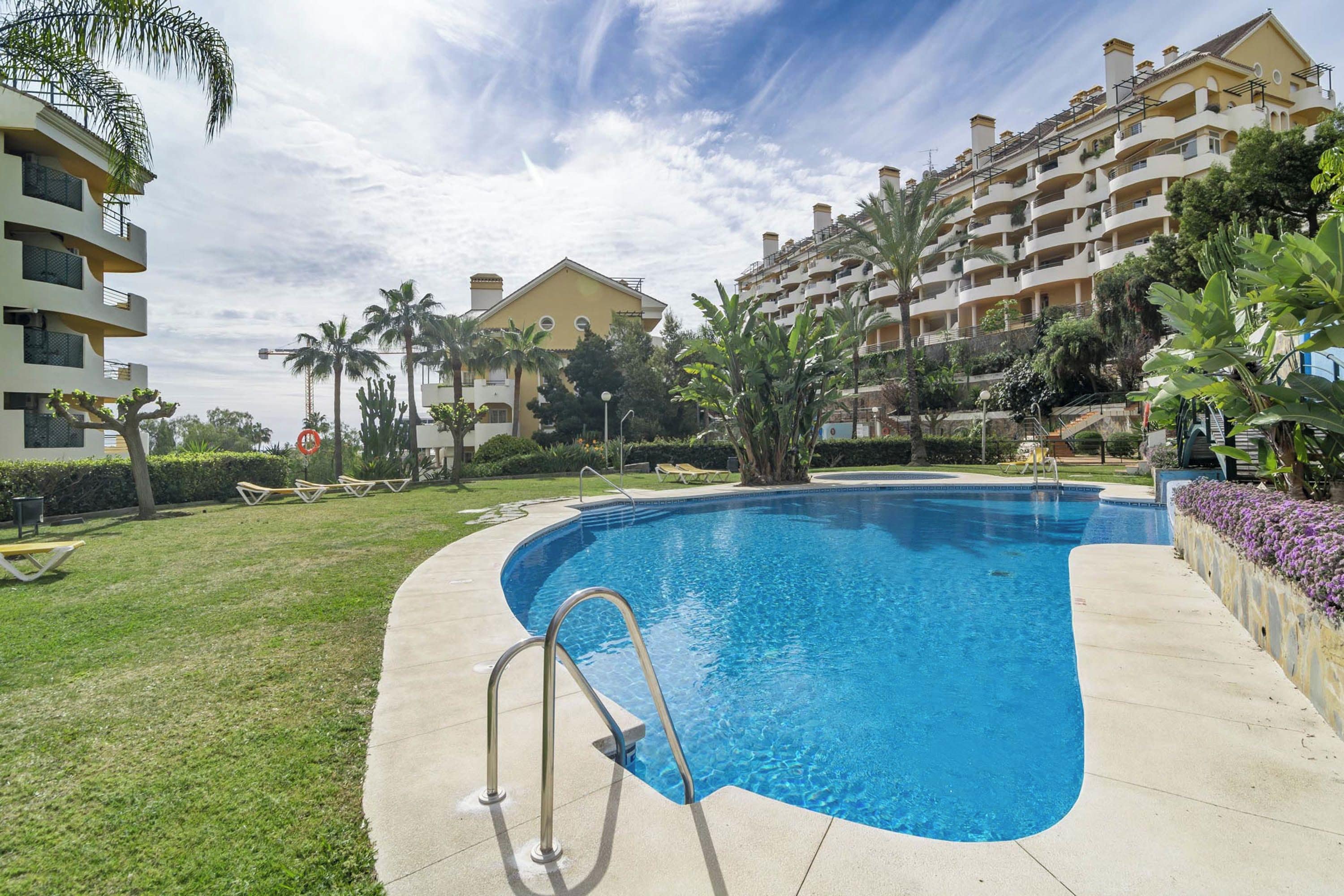 Una piscina de borde curvo, rodeada de un césped cuidado y palmeras.
