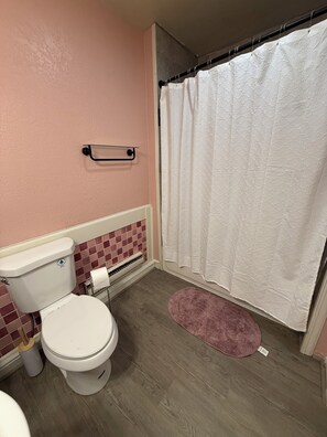 A bathroom with a toilet, a shower curtain, and a pink rug. - 3-bedroom cottage in peaceful Colorado Springs with AC (Colorado Springs)