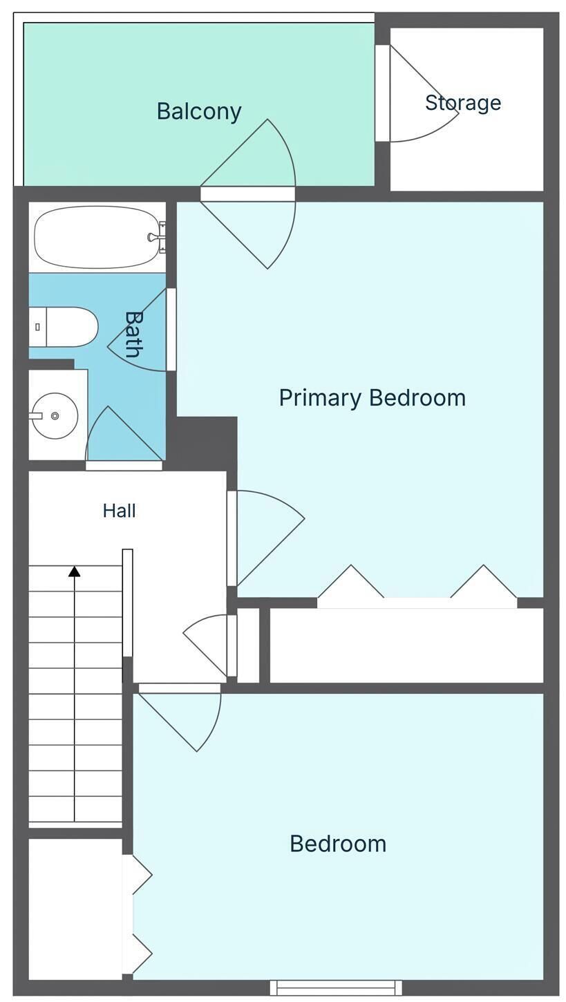A floor plan with a balcony, storage, a bathroom, a primary bedroom, a hall, and a bedroom.