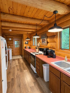 A log cabin kitchen with wooden walls, a white stove, a pink countertop, and a window with a view of trees. - Eagles Nest Lodge (Butternut)