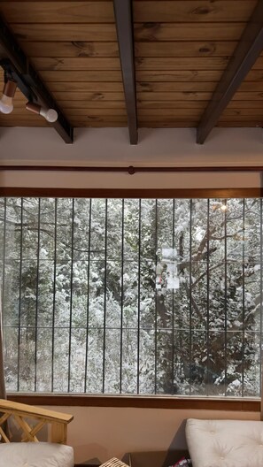 Ein Zimmer mit großem Fenster, Holzbalkendecke und Blick auf verschneite Bäume.