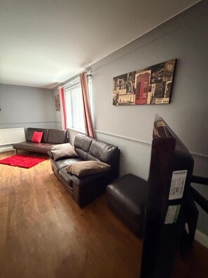A living room with a sofa, a red rug, and a wall-mounted artwork.