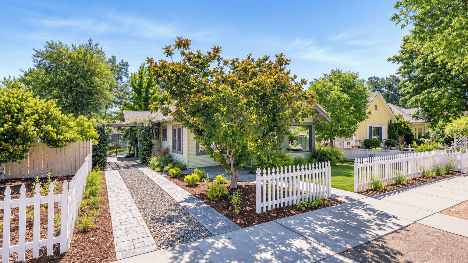 A residential street with houses, white picket fences, and well-maintained lawns.