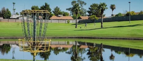 A disc golf course with a pond, green grass, and trees in the background.
