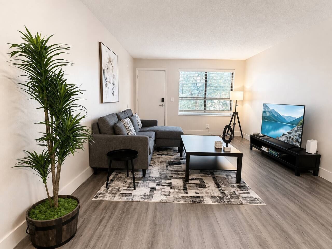 A modern living room with a sofa, coffee table, and a television.