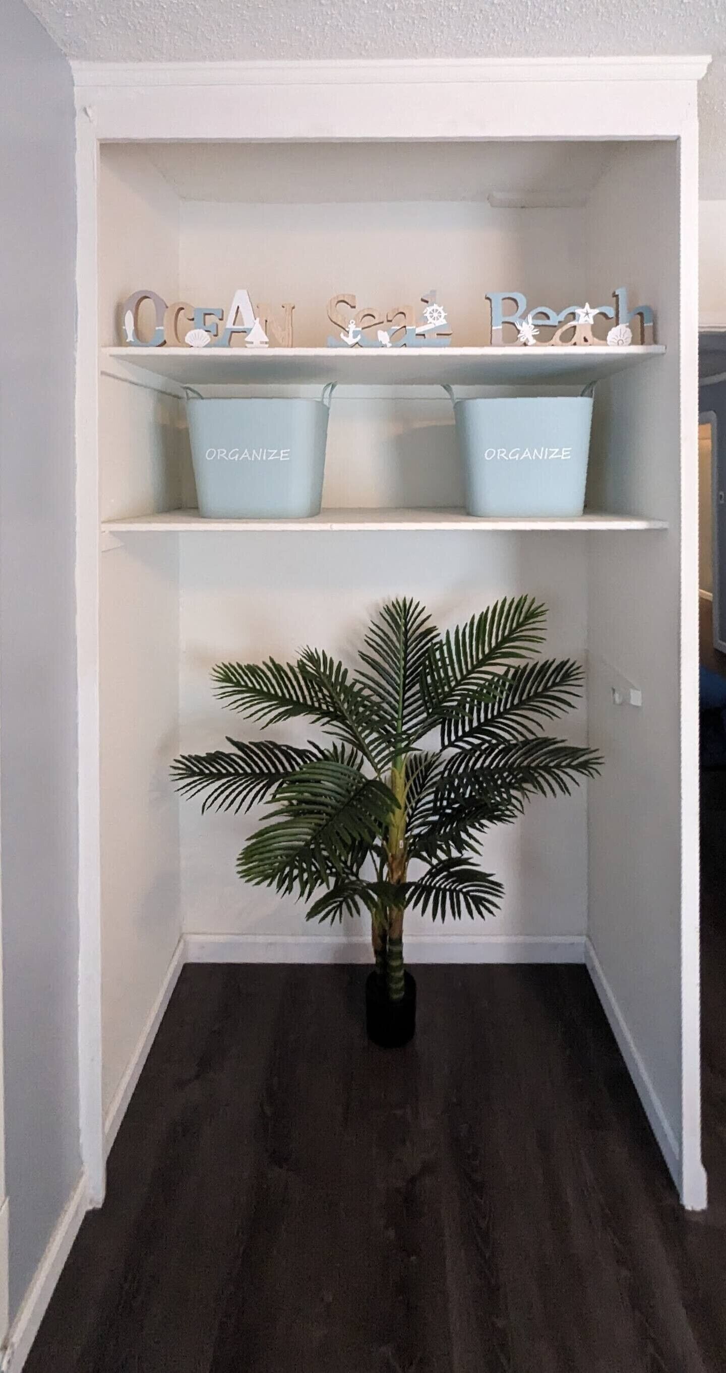 A corner closet with shelves labeled 'OCEAN SEA Beach' and a potted palm plant.