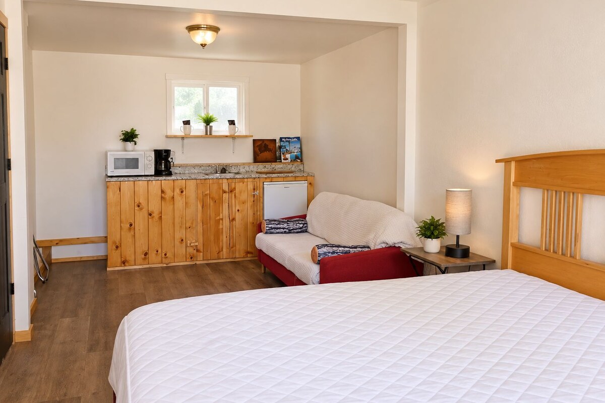 A compact room with a bed, a kitchenette, and a small window.