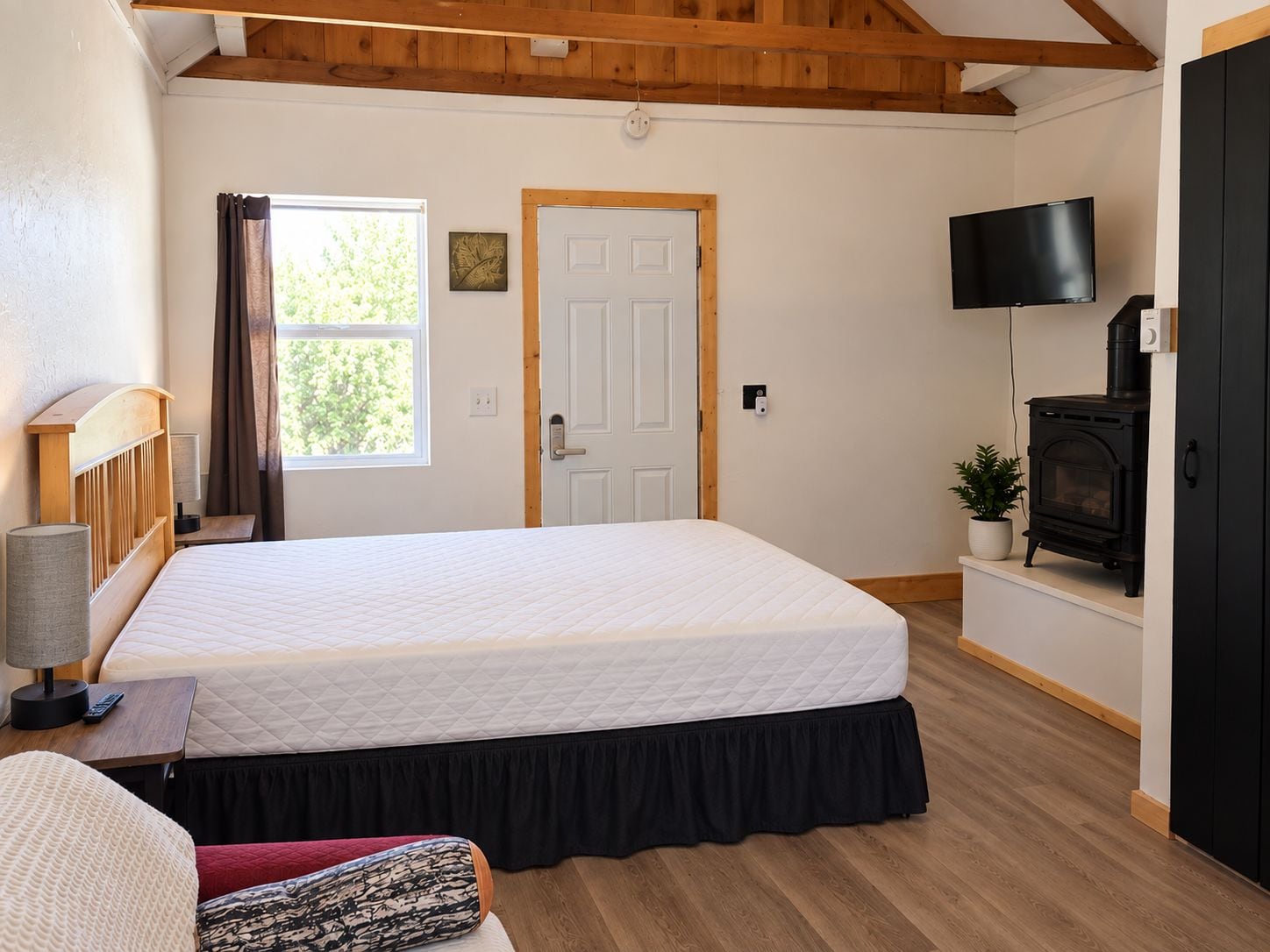 A bedroom with a bed, a television, a fireplace, and a door.