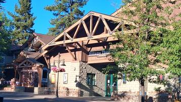 A building with a stone facade and wooden beams, a sign reading 'Village Thea NORTH', and a 'Pine Knot Path' sign.