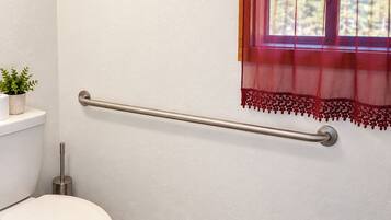 A bathroom with a toilet, a handrail, a window with a red curtain, and a potted plant.