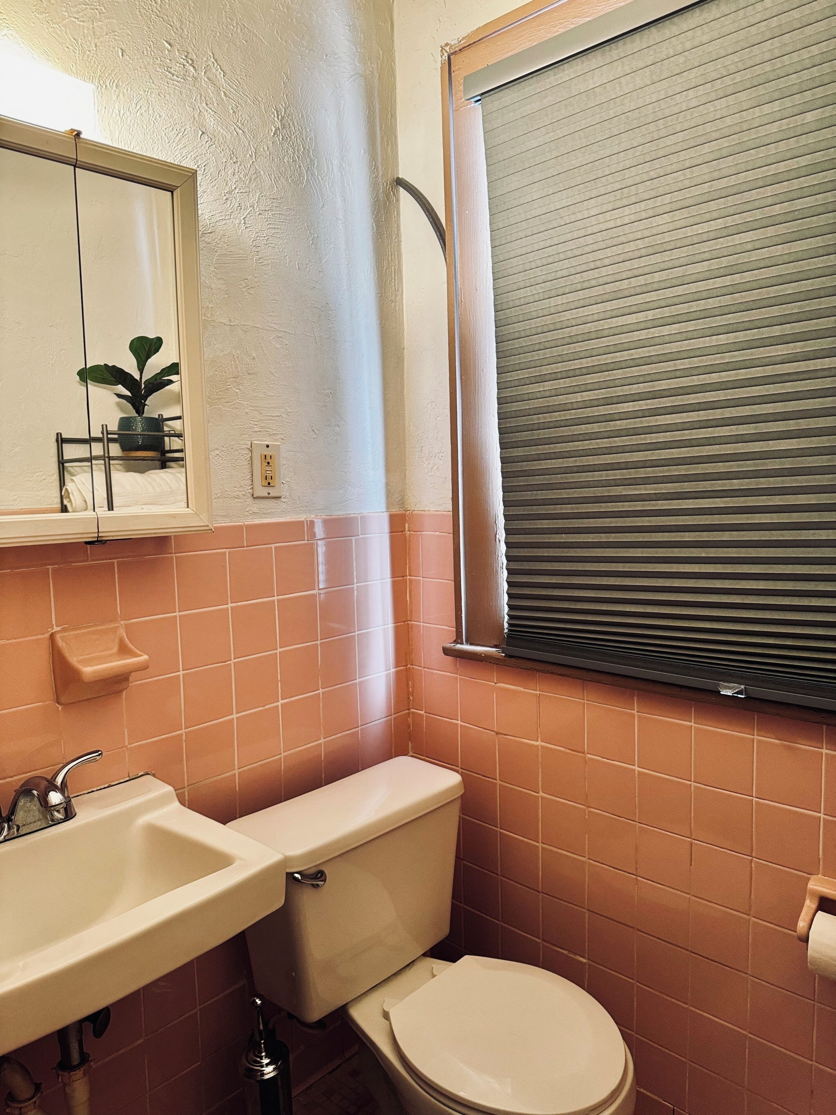A bathroom with a sink, toilet, and a mirror.