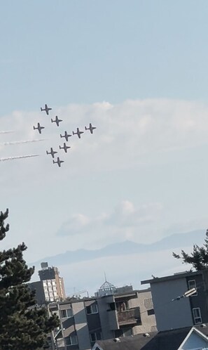 A group of aircraft flying in formation against a clear sky. - Sweet Home in the Rock! Expansive views in the heart of White Rock! (White Rock)