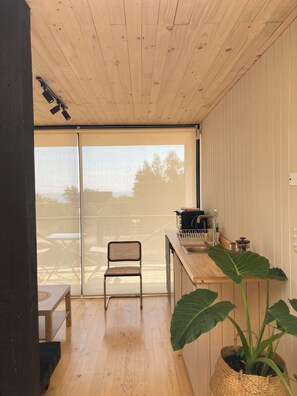 Una cocina moderna con gabinetes de madera, un lavamanos y una planta grande.