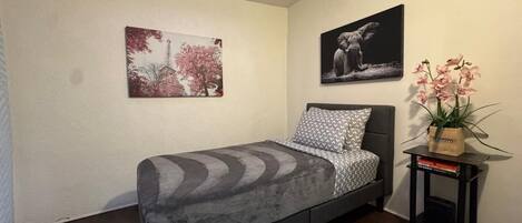 Une chambre à coucher avec un lit, une lucarne, une petite table avec une plante et deux tableaux encadrés accrochés au mur.