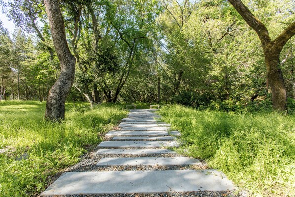 A pathway through a wooded area with trees on either side and a stone walkway.