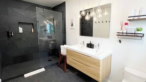 Hair dryer, towels, soap, shampoo