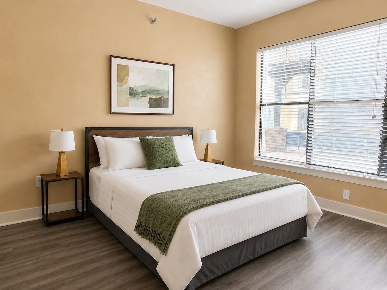 Une chambre d’hôtel avec un lit, deux tables de chevet, une fenêtre avec des stores et un tableau encadré au mur.