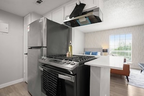 A modern kitchen with a built-in gas stove, stainless steel appliances, and a large window providing natural light. - Central Austin • Parking • Sleeps 5 • Pet Friendly (Austin)