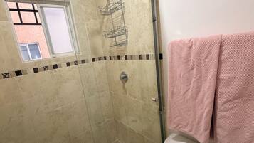 Une salle de bain avec une douche à parois de verre, des toilettes et une serviette accrochée au mur.